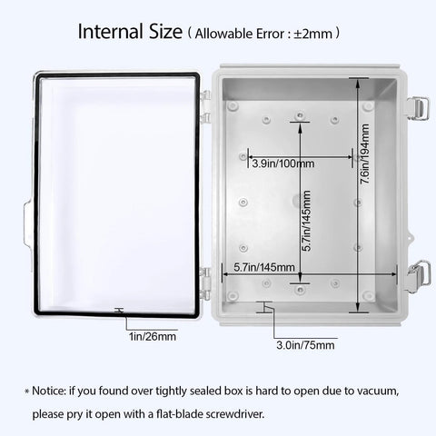 IP67 Waterproof Electrical Junction Box With Hinged Clear Cover, inner dimensions view, showing measurements and cover