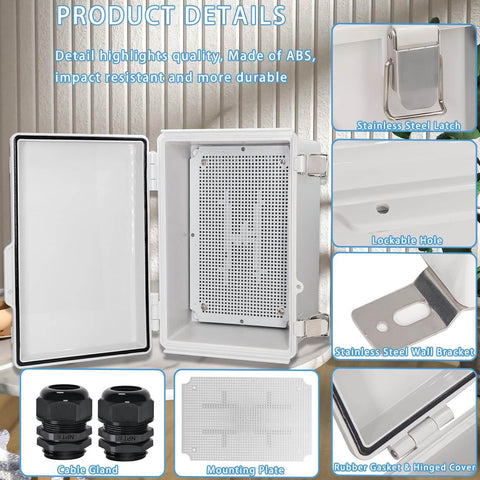 IP67 Waterproof Junction Box With Hinged Cover, Heavy Duty Stainless Steel Latch, Plastic Enclosure With Mounting Plate And Wall Brackets, Includes 2 Cable Glands, Grey, 11x7.5x5.5 Inches, Built For DIY Projects And Outdoor Electrical Installations.