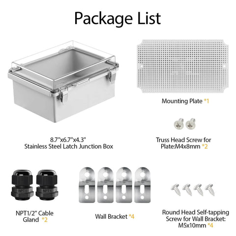 Package contents including IP67 Waterproof Electrical Junction Box With Hinged Clear Cover, mounting plate, cable glands, wall brackets.