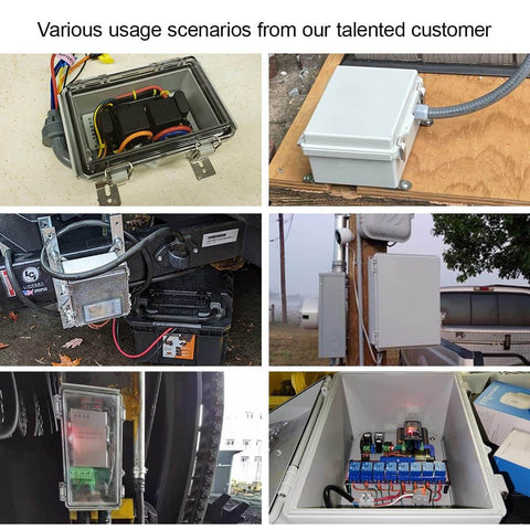 Various scenarios of IP67 Waterproof Electrical Junction Box With Hinged Clear Cover, Built Tough ABS Plastic Enclosure With Stainless Steel Latch, Mounting Plate, Wall Brackets, And Cable Glands, Grey 8.7 By 6.7 By 4.3 Inches in use.