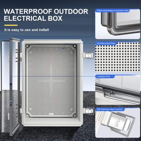 Front view of Beefy Outdoor IP67 Waterproof Junction Box Enclosure With Hinged Cover ABS Plastic Stainless Steel Buckle Mounting Plate