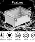 IP67 Waterproof Electrical Junction Box with Hinged Clear Cover, ABS Plastic, Stainless Steel Latch, Features Icons, Grey