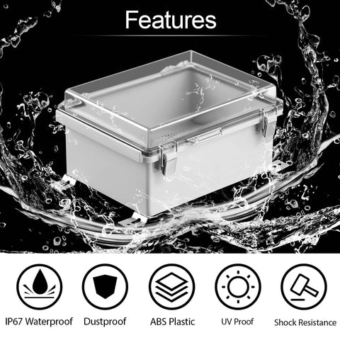 IP67 Waterproof Electrical Junction Box with Hinged Clear Cover, ABS Plastic, Stainless Steel Latch, Features Icons, Grey