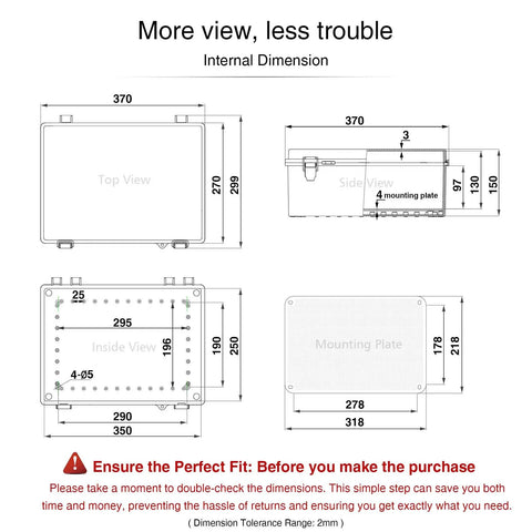 Diagram showing dimensions of Outdoor IP67 Waterproof Electrical Box Junction Enclosure Made From Durable ABS Plastic Weatherproof Grey Protective Housing.