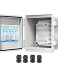 Waterproof Junction Box Outdoor Electrical Enclosure IP67 Hinged Cover Project Box With Mounting Plate Wall Brackets And 2 Cable Glands Grey ABS Plastic 5.9 X 5.9 X 3.5 Inches Rugged, shown open with cable glands