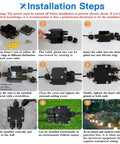 Installation guide for IP68 Waterproof 3 Way Junction Box for outdoor use, showing assembly steps with yellow silicone rings and wires.