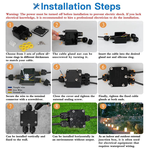 Installation guide for IP68 Waterproof 3 Way Junction Box for outdoor use, showing assembly steps with yellow silicone rings and wires.