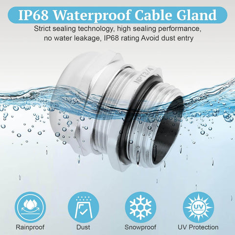 Side view of NPT 3/4 inch nickel plated copper waterproof cable gland with IP68 sealing, illustrating underwater durability.
