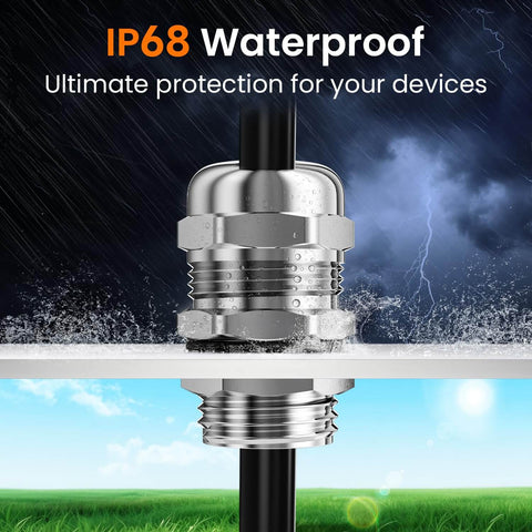 Two Pack One Half Inch NPT 304 Stainless Steel Cable Gland Waterproof IP68 Metal Strain Relief Cord Grip installed in thick panel