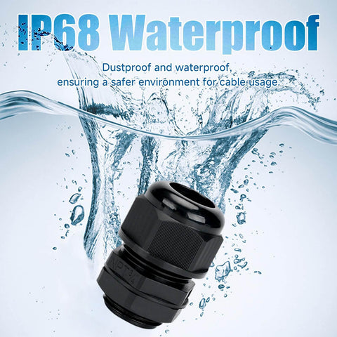 NPT 3/4 Inch Waterproof Cable Gland Kit For Harsh Environments, 20 Pc Set With Adjustable Black Plastic Cable Connectors shown in water