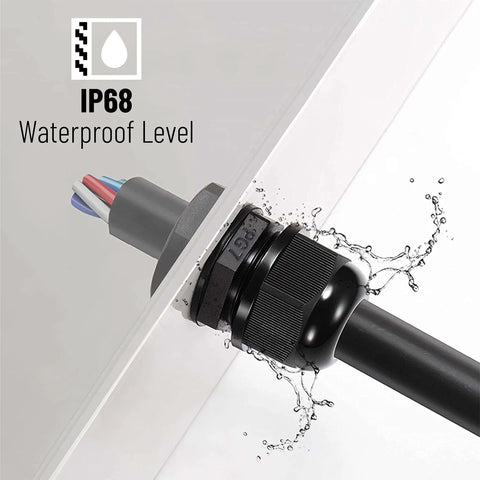 Close-up of IP68 waterproof cable gland installed on a panel, showing water protection feature, part of Waterproof Cable Gland Set.