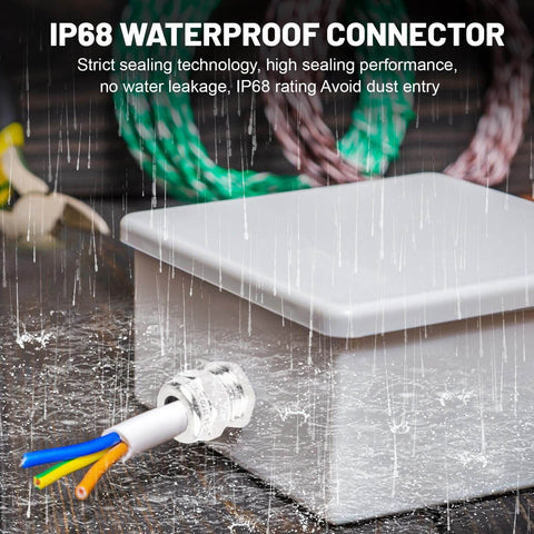 Built Tough Stainless Steel Waterproof Cable Gland IP68 Rated For Outdoor Use, shown in wet conditions with installed wiring