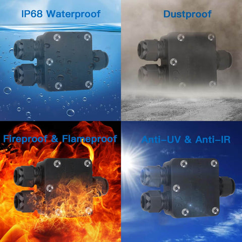 IP68 Waterproof 3 Way Junction Box For Outdoor Use Built Tough And Weatherproof Black Underground Cable Connector Dustproof And UV Resistant shown underwater, in dust, fire, and sunlight conditions
