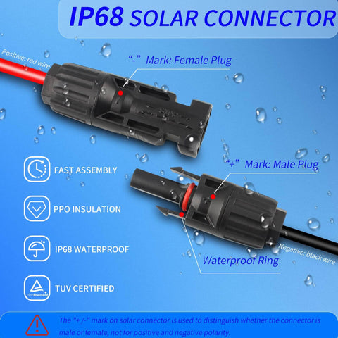 IP68 solar connector showing male and female plugs, PPO insulation, and waterproof ring for fast assembly and outdoor use.