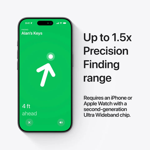 Image showing an iPhone screen with Apple AirTag 2nd Generation Tracker for Keys and Wallets with Sound Locator, displaying 1.5x Precision Finding range.