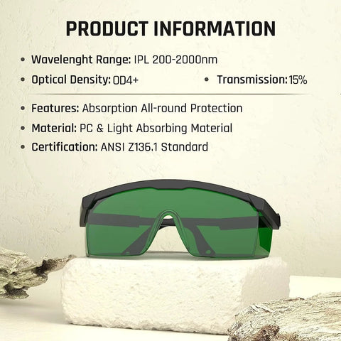 IPL Laser Safety Glasses 200 To 2000nm Eye Protection For Hair Removal with green lenses, optical density OD4+, on textured display.