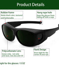 IR Five Point Zero Welding Safety Glasses with UV protection, wrap-around design, matte black rubber frame, polycarbonate lenses.