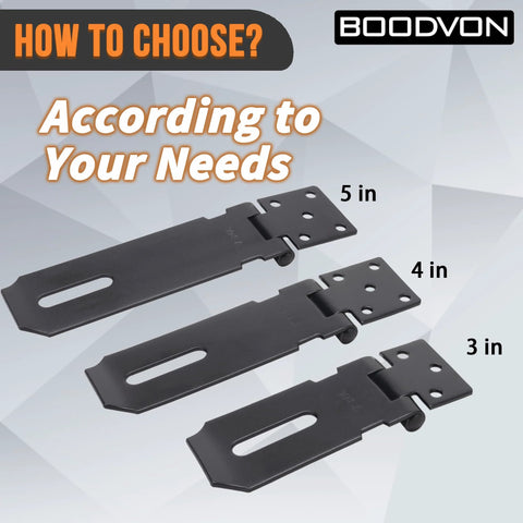 Three iron door lock hasps in 3, 4, and 5 inch sizes with brushed finish, showcasing Heavy Duty Door Lock Hasp Latch 3 Inch product