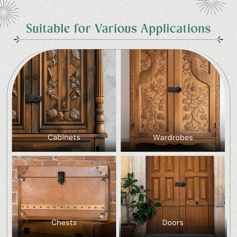 Black Wrought Iron Hasp Door Latch on various doors, wardrobes, cabinets, and chests showcasing versatility and applications.