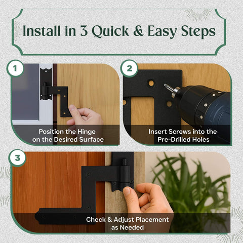 Three-step installation of Heavy Duty Black Wrought Iron Lift Off Pintle Hinges With Colonial Reversible Pins For Doors Windows And Shutters 6.5 Inch Corrosion Resistant Construction Hardware Included Easy Install 15 Pairs.