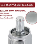 Close-up of iron shaft tubular cam lock with text highlighting quality, strength, and smooth turn features.