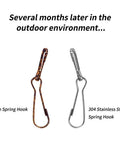 Comparison of iron spring hook and 304 stainless steel spring hook after exposure, highlighting durability and rust resistance.