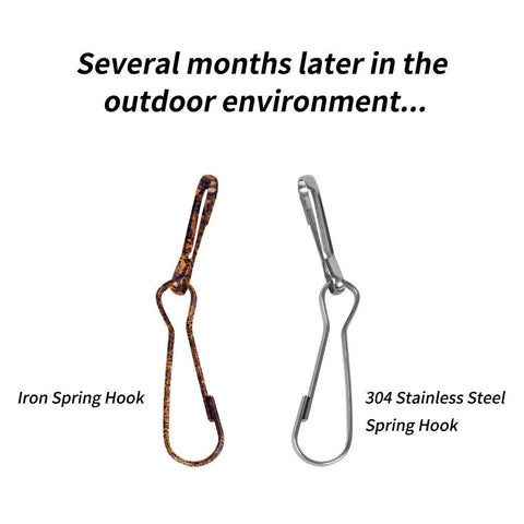 Comparison of iron spring hook and 304 stainless steel spring hook after exposure, highlighting durability and rust resistance.