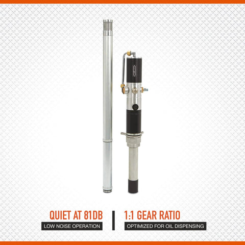 Front view of Ironton Air-Operated Oil Transfer Pump - 1:1 Ratio, 10.58 GPM, showing gear ratio features and quiet operation.