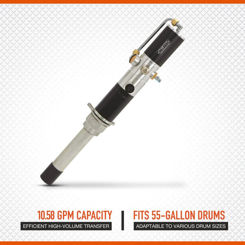 Ironton Air-Operated Oil Transfer Pump - 1:1 Ratio, 10.58 GPM, image of pump with black handle and metal body for drum use.