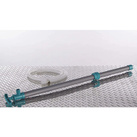 Ironton Siphon Drum Pump - 7 GPM with flexible hose on metal surface