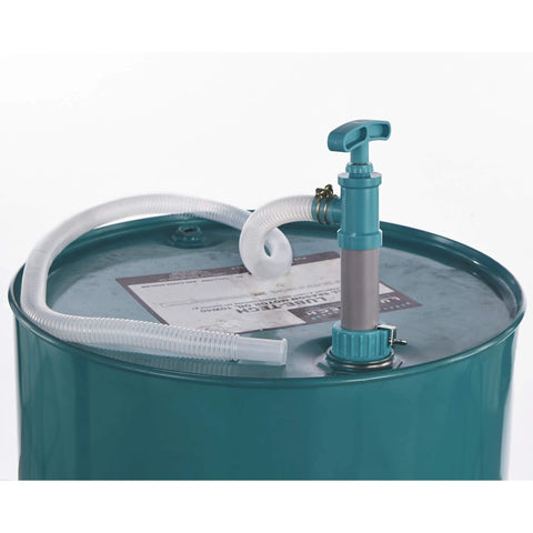 Ironton Siphon Drum Pump - 7 GPM installed on a 55-gallon drum with flexible hose and durable polyethylene construction