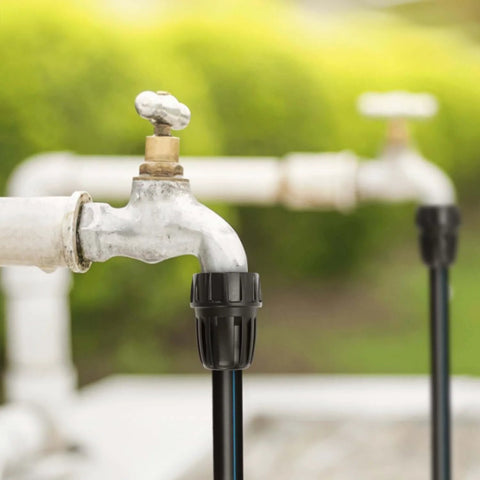 Six Pack Three Quarters Inch Female Pipe Thread To One Half Inch Drip Tubing Adapter For Garden Irrigation FHT To One Half Inch Barbed Drip Line Connector PVC Faucet Adapter Connects Three Quarters Inch Faucet Hose Bibb Easy Install installed on faucet