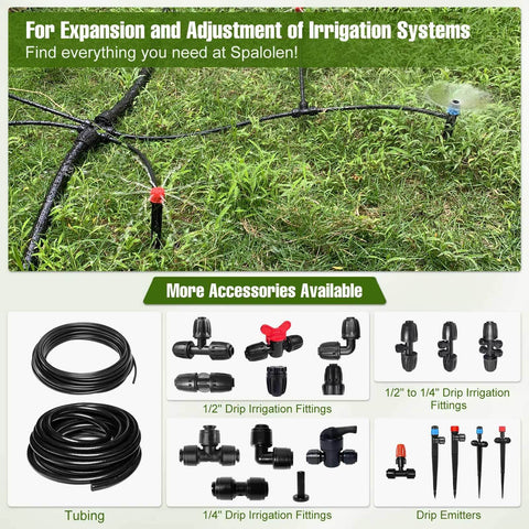 No Fuss Quick Connect One Quarter Inch Drip Irrigation Tee Connectors, 30 Pack Universal Tee Fittings in use on grass setup.
