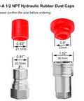 Half Inch ISO A And ISO 5675 Hydraulic Quick Coupler Dust Caps Set, red rubber caps and plugs with retention ring shown.