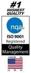 NQA ISO 9001 registered quality management certification label with 'Made in USA' flag and '#1 Highest Quality' text.