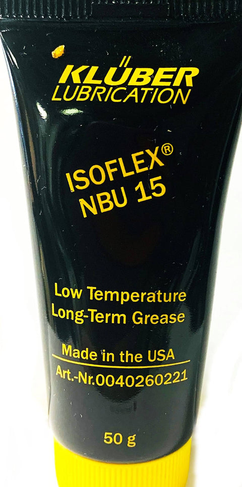 Black tube of Isoflex NBU 15 spindle bearing grease for machine tools, 50 g by Kluber Lubrication, showing front label.