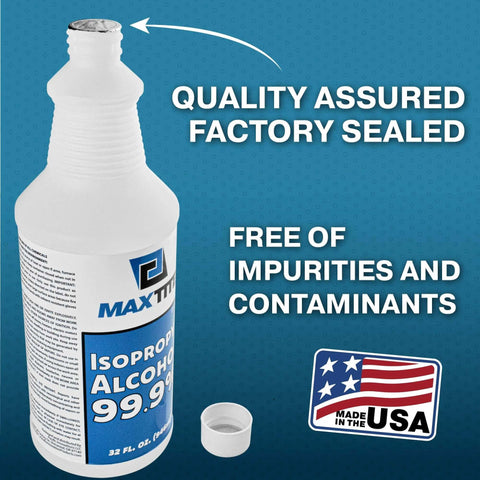 Factory sealed bottle of Isopropyl Alcohol 99.9% Technical Grade, 32 Oz, emphasizing purity and made in USA.