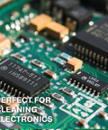 Close-up of electronic circuit board with text overlay "Perfect for Cleaning Electronics," highlighting use of Isopropyl Alcohol 99.9% Technical Grade, 32 Oz Bottles Four Pack, High Purity Cleaning Solvent For Labs And Electronics.