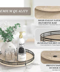 Italian natural travertine lazy susan turntable for table top, 10 inch round stone tray with black frame for display.