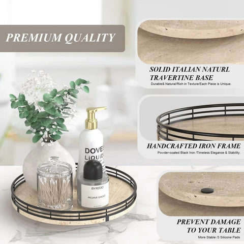 Italian natural travertine lazy susan turntable for table top, 10 inch round stone tray with black frame for display.