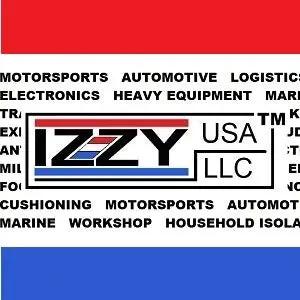 Company logo with IZzy USA LLC text, surrounded by terms like automotive, electronics, marine, and cushioning on a red and blue background.