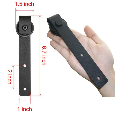 Hand holding J Shape Hanger from 3FT Super Mini Sliding Barn Door Hardware Kit for Single Door TV Stands Wardrobes Small Cabinets