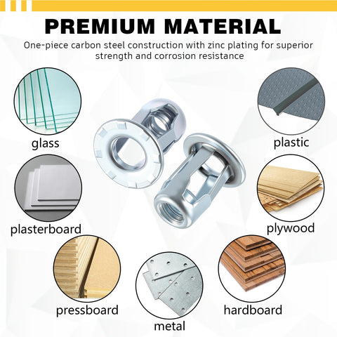 50 Pack Jack Nuts 1/4-20 Threaded Inserts Petal Nuts And Blind Fasteners For Plastic And Metal Projects Zinc Plated Steel shown with materials