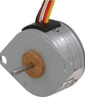 Jameco Reliapro 25BY4801 Stepper Motor, 4-Phase, Unipolar, 5 VDC front view showing wiring and shaft.