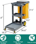 Heavy Duty Janitorial Cart On Wheels With Locking Lid And 3 Shelf Design For Pro Grade Commercial Cleaning Including Two 25 Gallon Vinyl Bags And Mop And Broom Holders Durable Gray Plastic Custodial Cart By YITAHOME front view