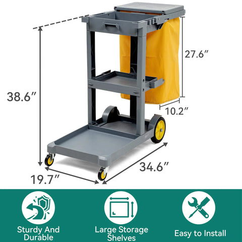 Heavy Duty Janitorial Cart On Wheels With Locking Lid And 3 Shelf Design For Pro Grade Commercial Cleaning Including Two 25 Gallon Vinyl Bags And Mop And Broom Holders Durable Gray Plastic Custodial Cart By YITAHOME front view