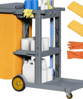 Heavy Duty Janitorial Cart On Wheels With Locking Lid And 3 Shelf Design For Pro Grade Commercial Cleaning Including Two 25 Gallon Vinyl Bags And Mop And Broom Holders Durable Gray Plastic Custodial Cart By YITAHOME
