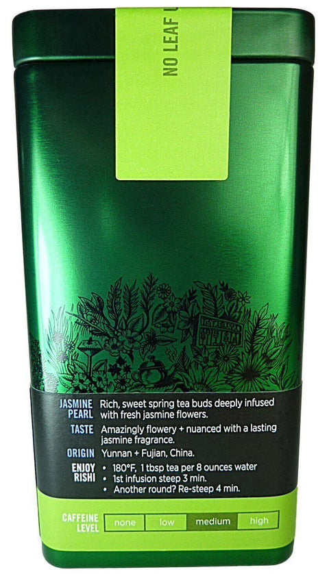Jasmine Pearl Green Tea Loose Leaf, 3 Oz Tin, Hand Rolled Jasmine Infused, Label Details with Brewing Instructions and Caffeine Level