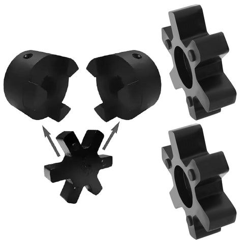 2 Pack L099 L100 Jaw Coupling Inserts for Lovejoy Martin Browning NBR Rubber Spider Black, shown with and without installation.