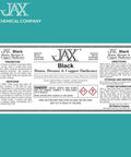 JAX Black Brass, Bronze & Copper Darkener label with directions and safety information visible.